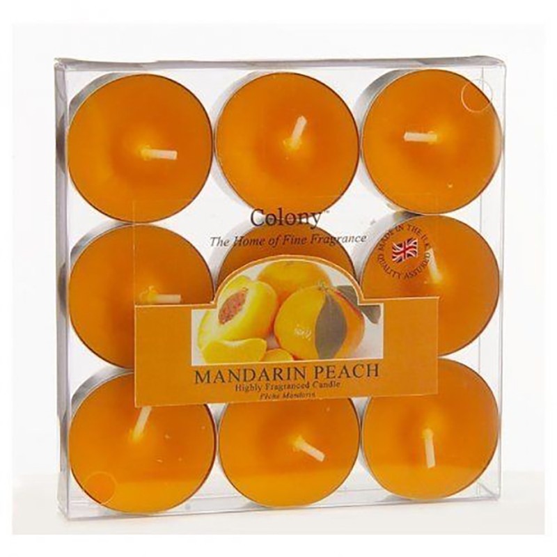 Kolonie-Box mit 9 Mandarine Teelichter und Pfirsich