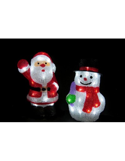 Kerstman en sneeuwpop verlicht met witte lichten