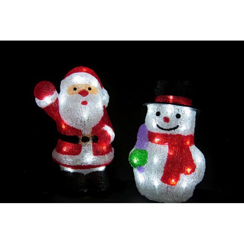 Kerstman en sneeuwpop verlicht met witte lichten