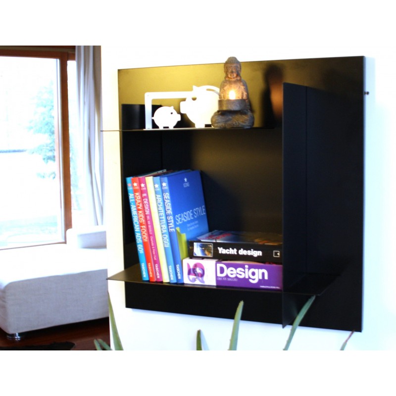 Bibliothèque modulaire noire avec des étagères noires Bibliothèque modulaire noire avec des étagères noires