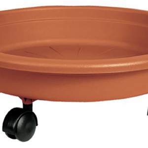 Saucer garden pot with terracotta colored wheels